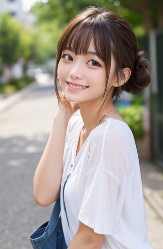 masterpiece:1.3), (8K, Realistic, RAW Photos, Best image quality: 1.4), Japanese schoolgirl、(Random Hairstyles:1.2)、Highly detailed face、Attention to detail、double eyelid、Chest to chest、Sharp focus:1.2、Beautiful woman:1.4、Light brown hair、Highest quality、masterpiece、Ultra-high resolution、(Realistic:1.4)、Highly detailed and professionally lit smiles、Loose、Summer clothes、thin、Smiling face、Short-haired、Deadly position、Bun Hair、whole body