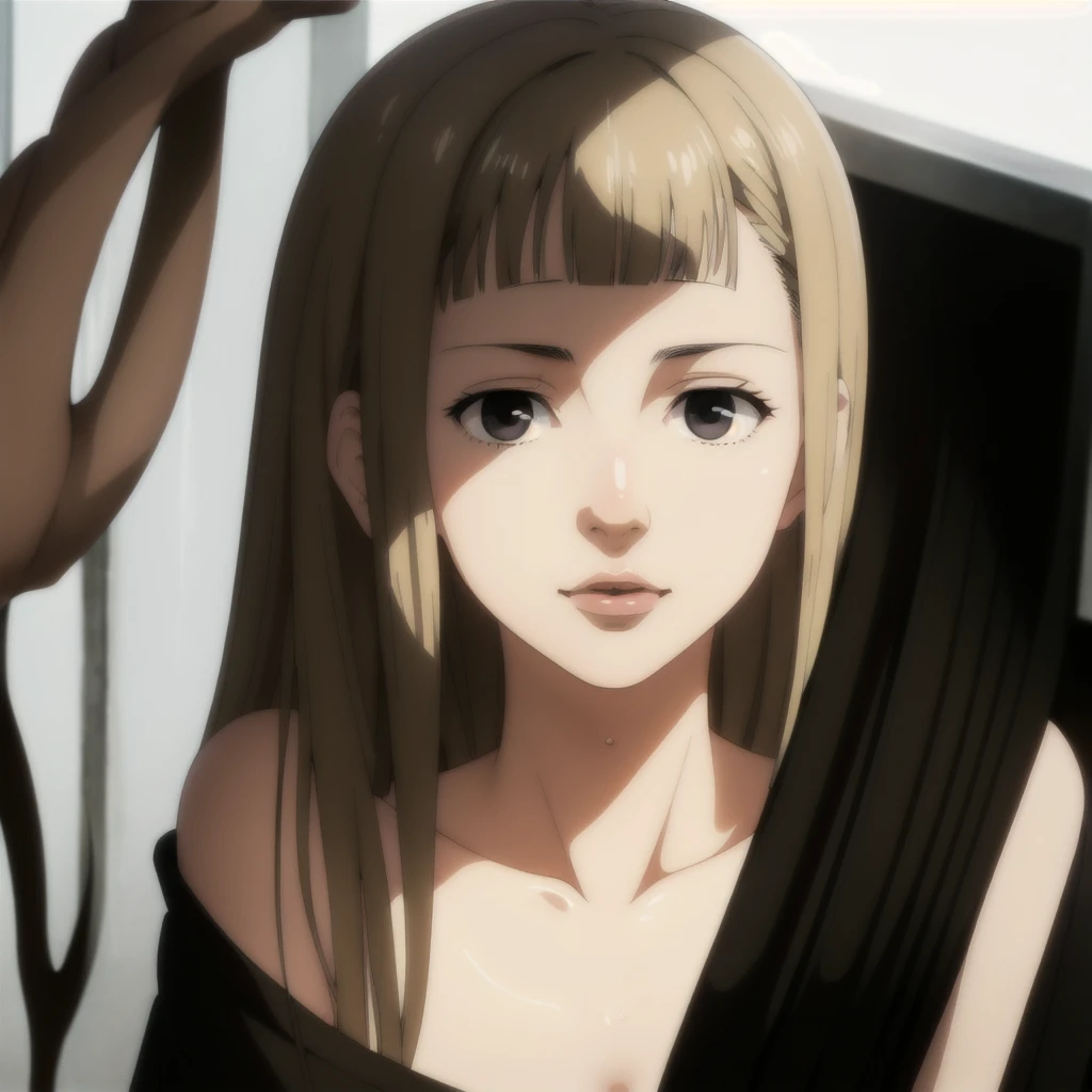 masterpiece, blonde woman, full lips, black eyes, hair root turned dark brown, angelic face, 16 years