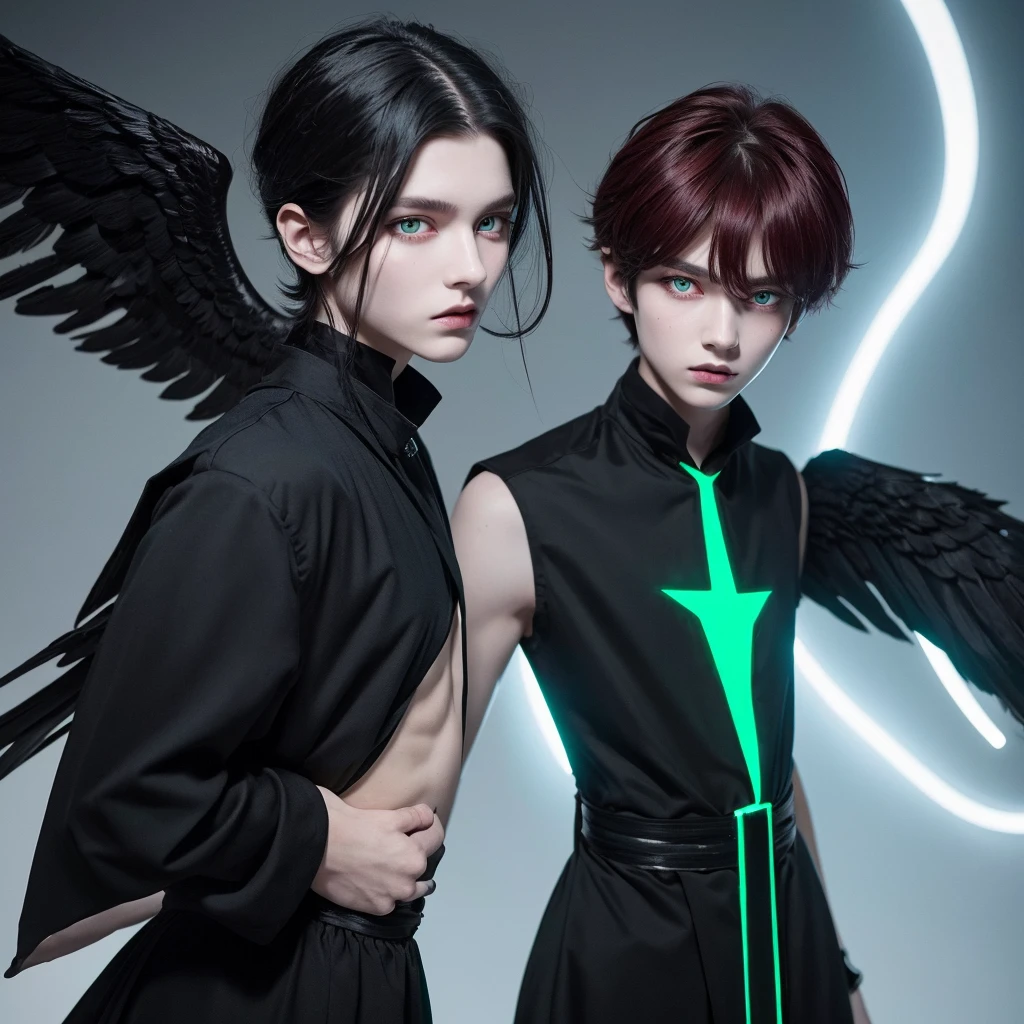 Androgynous pretty boy,Age is 17 years old,Fair skin,A fallen angel with a pair of black wings,There is a black ring on his head,Crimson hair that reaches down to her shoulders,The clothes are a black-based uniform and a long black robe.,Long eyelashes and bright green eyes,A melancholic look