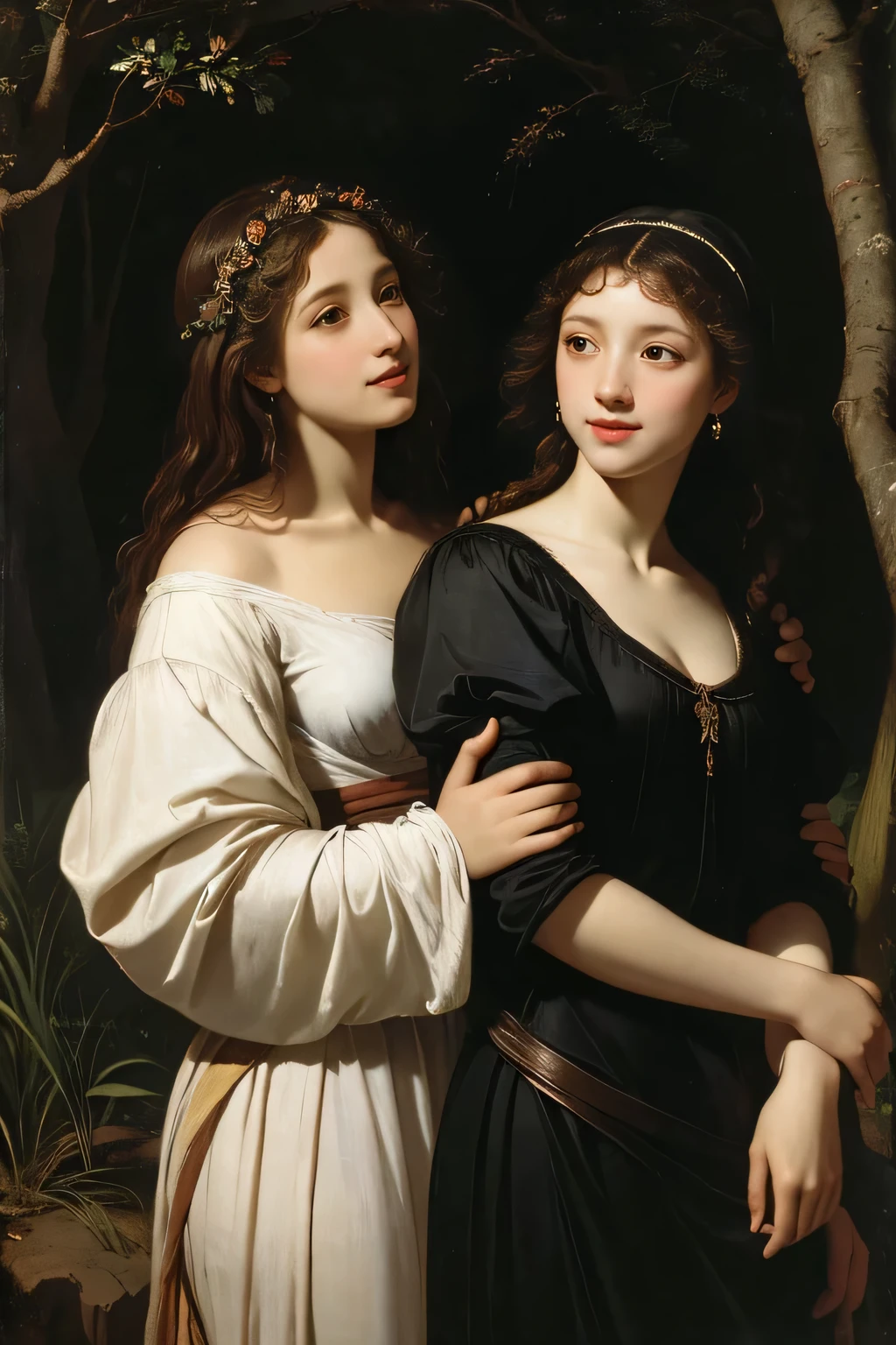 Giorgione painting style,Barbizon forest A beautiful woman in Greek dress smiles on the shore,Sweet and seductive appearance.、Caravaggio's paintings、Chiaroscuro of Caravaggio、hair tousled by the wind,Two women frolicking,cute smile, expression of ecstasy,Sexy,erotic, full body portrait