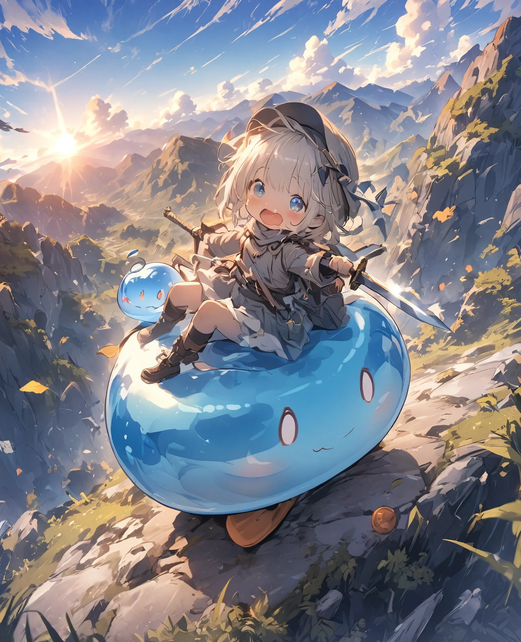 A small swordsman riding a blue slime, In the mountains、Clear blue sky、adventure、Fisheye Lens、SLR、Feel the depth、Fun Expressions