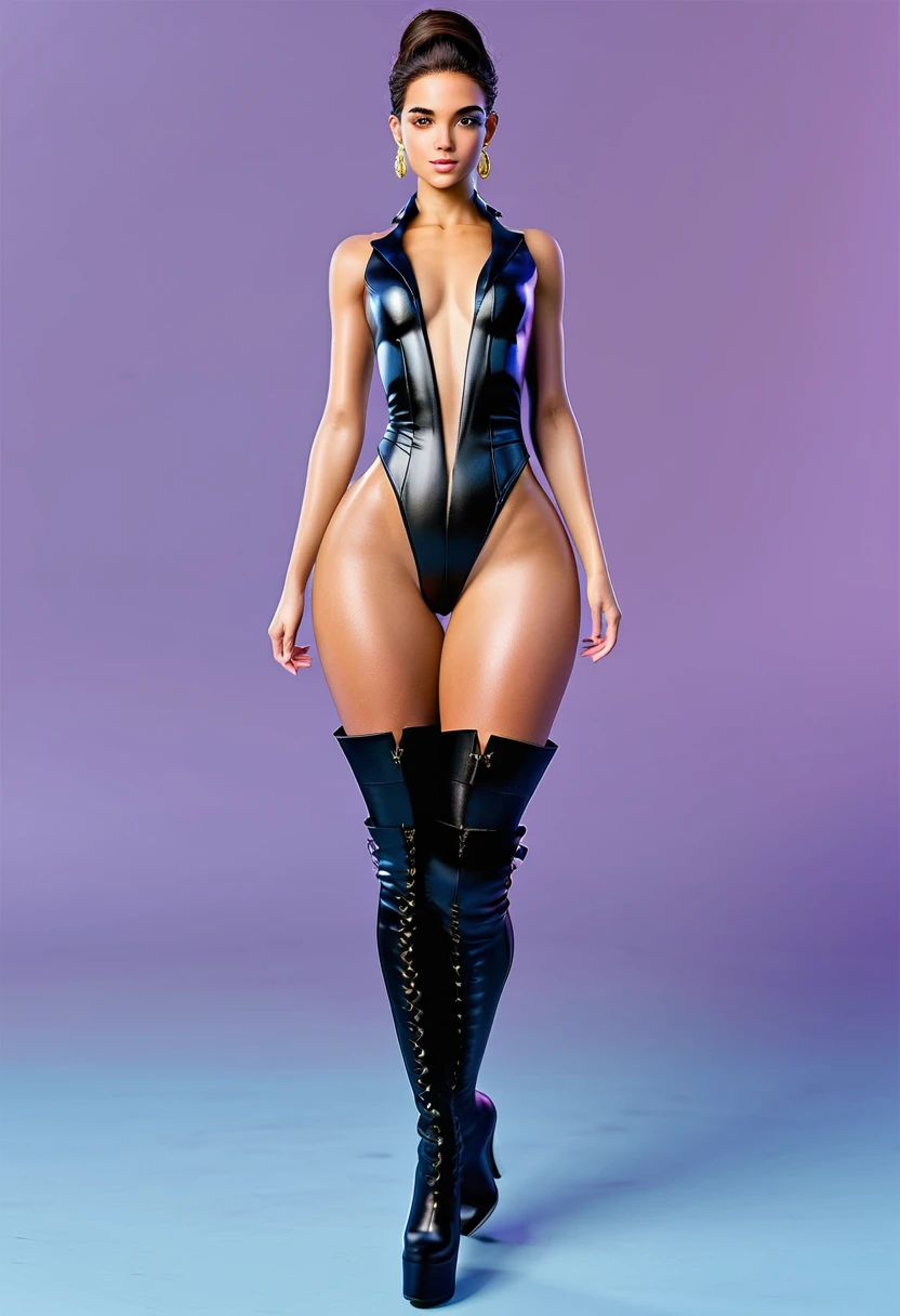 elegant, wearing, crotch thigh-high boots, extreme high crotch-boots, long legs, thick thighs, big calves, wide hips, big butt, curved perspective, skinny latina girl, the boots' shaft goes up to the crotch in front view and to the curve of the butt in back view
