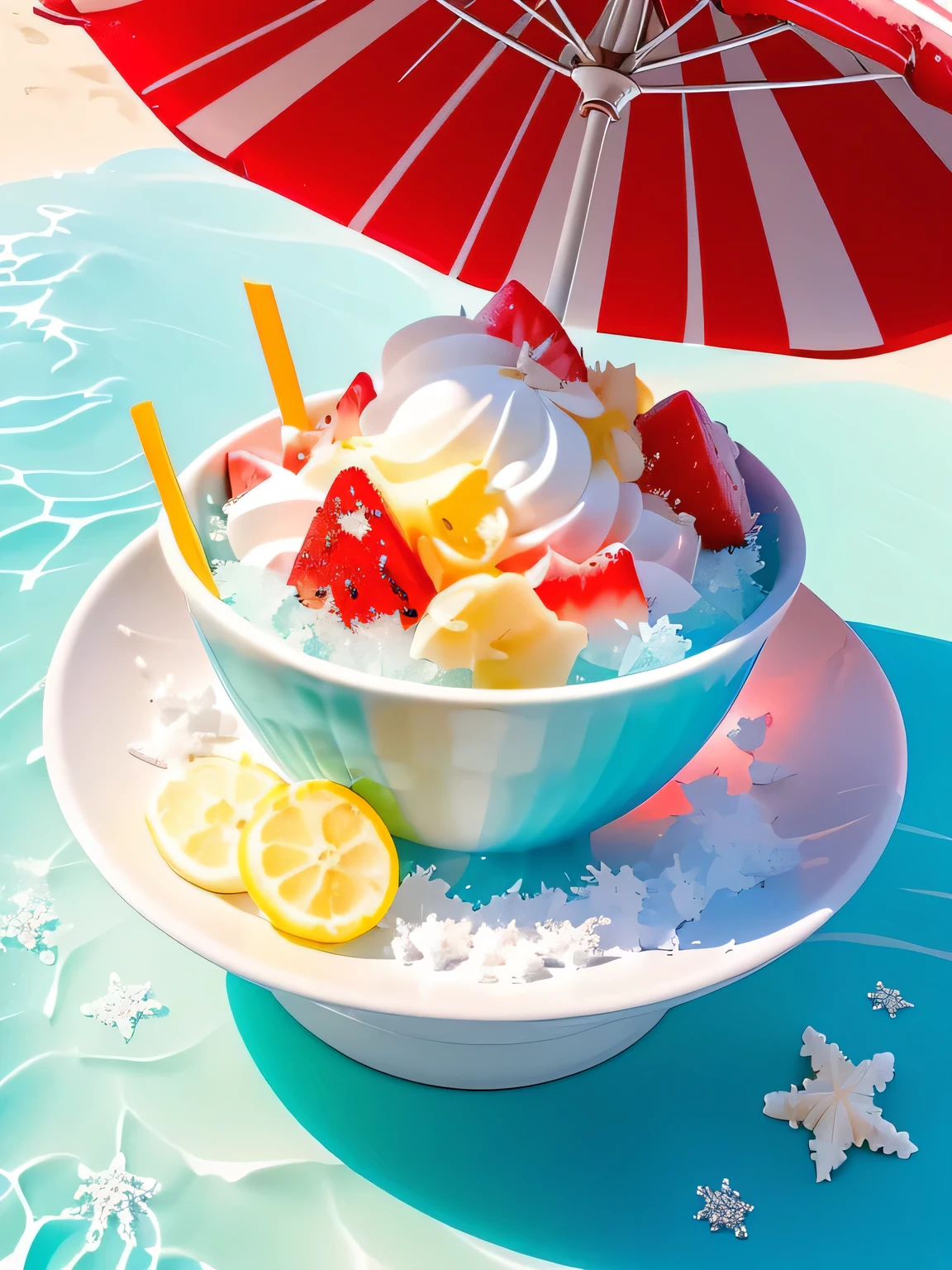 On the beach, there was a glass bowl filled with small mountain-high watermelon shaved ice, crystal clear ice cubes and sparkling water droplets, and several watermelon balls. Topped with a layer of melted yogurt, the ice cream is covered in coconut flakes, strawberry slices and honey dew, and comes with mini umbrella decorations, jasmine flowers and red and white striped straws. This bowl of shaved ice is placed on the beach, the ice-blue waves are crashing, the water is splashing, the sun is shining, the banana leaves and flowers are empty, the atmosphere is full of exotic summer, the top view, the close-up, the glassy state, the food photography, the super detail