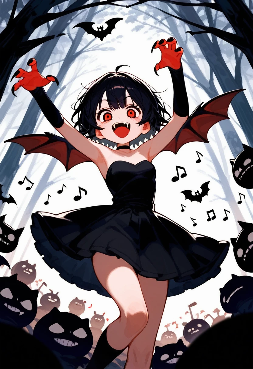 score_9, score_8_up, score_7_up, score_6_up, score_5_up, score_4_up, bats singing in a row, evil smiles, dancing notes, big trees in the forest, cute horror fantasy, disney-style horror effects