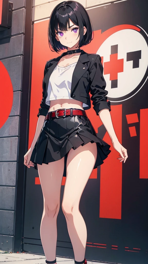 young girl, short black hair, violet eyes, smirk, full body, high quality, 4k, HD, Good detail, white top, red mini skirt, belt, heels