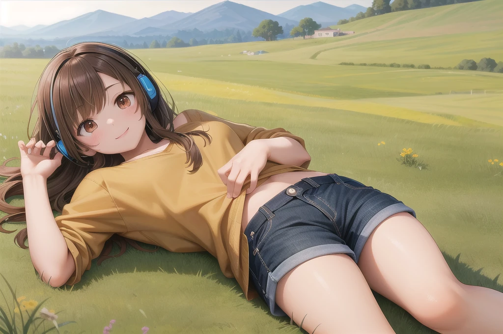 One girl, alone, 20-year-old, Brown eyes, Brown Hair, smile, Nice casual clothes, grassland, Lie down, headphone, masterpiece, Fine Fingers, 最high quality:1.4, high quality, detailed,