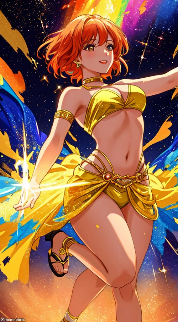 A stunning and vibrant scene featuring a young woman completely nude, with golden skin, ashen hair, and a short haircut, covered in glitter and vibrant paint splatters, dancing with unbridled joy amidst a colorful and dynamic background. The epic lighting casts a sense of awe and wonder over the scene, with warm and inviting colors illuminating the woman's form as she moves with grace and abandon. Rendered in a highly-detailed and expressive style, the scene captures the beauty and energy of the moment, inviting the viewer to join in the celebration and revelry.