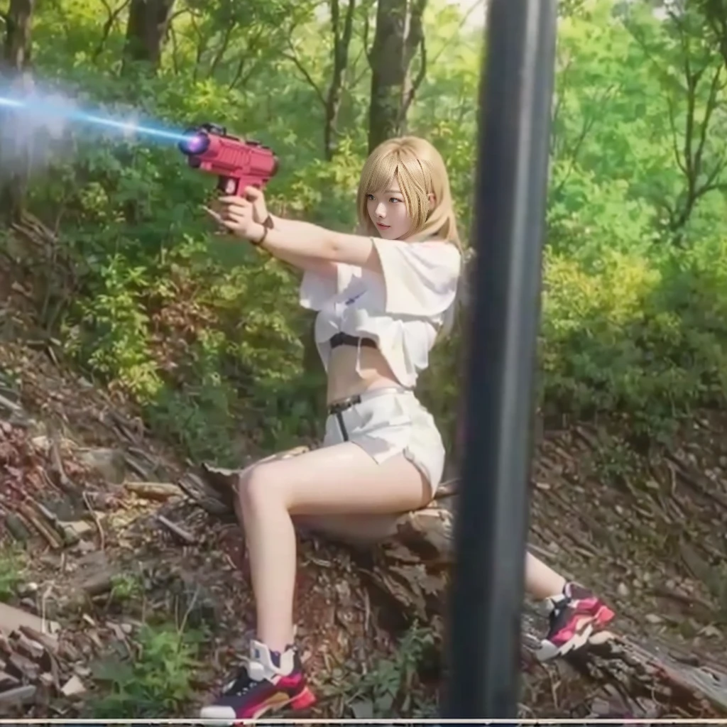 身穿短裤和运动鞋的金发女郎在树林里持枪shooting, anime shooting, MapleStory Gun Girl,动漫机枪shooting, shooting with a canon, Carrying a laser gun, Anime bullet visual effects, With a pistol, shooting姿势, extreme log shooting, She's ready for a fight., firing a gun, shooting, Swinging Fireball,Detailed facial depiction,Beautiful girl