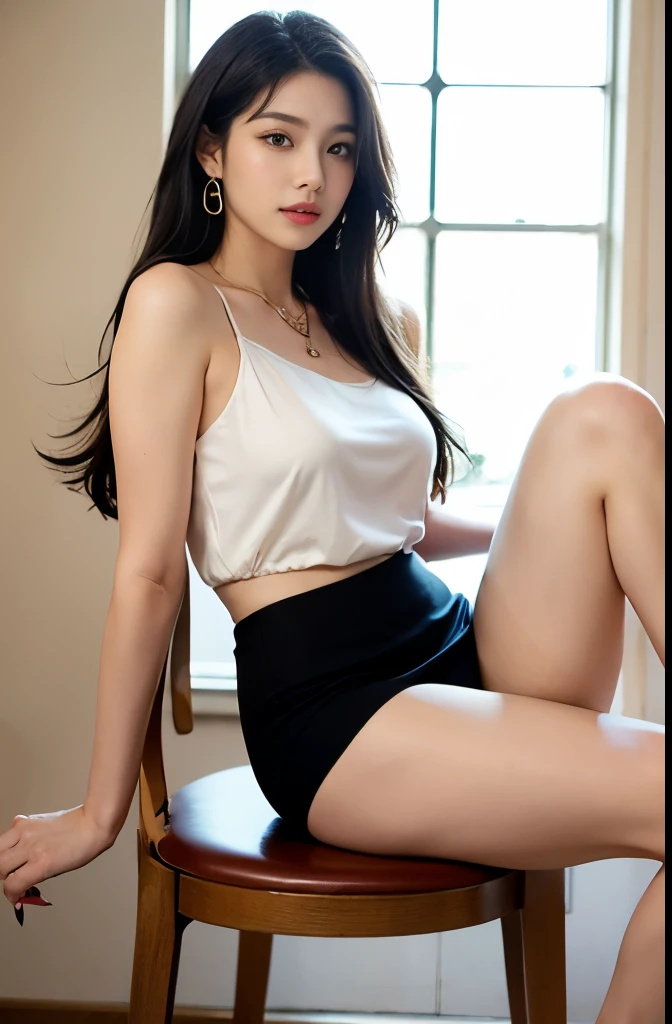 (masterpiece:1.3), (8 thousand, realistic, RAW photos, best quality: 1.4), (1 woman),(sheer silk blouse), (short skirt), (양다리에 짙은색 매우 투명한 realistic 스타킹신고), (Wearing high heels on both feet), (full body shot), (Sitting on a chair), (Beautiful makeover), (very beautiful body) , (Realistic and very beautiful face), (long eyelashes), (double eyelid), (Very beautiful eyes, realistic and delicate), (big bust) , (Strong body through exercise), (beautiful abs), (Beautiful heaps), (tall),  (black hair. parted, long hair:1.3), (아름다운 parted스타일), (realistic and beautiful skin), (ultra high resolution), (very detailed), (golden ratio), (Two long, realistic and beautiful legs), (realistic 팔), (necklace), (earring),(beautiful nails manicure), (So beautiful and sexy)