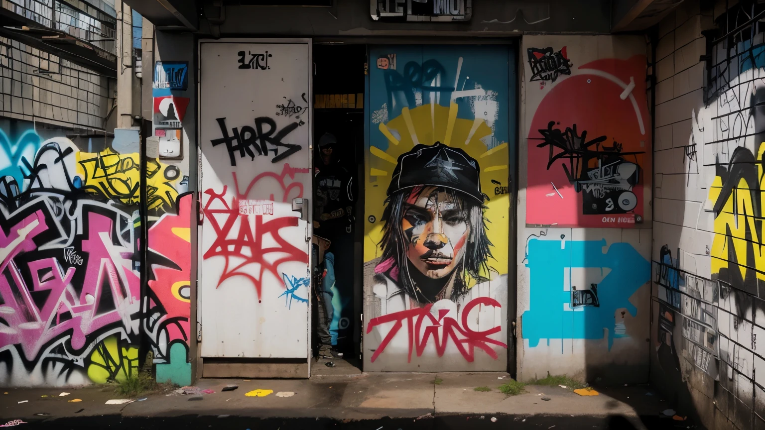 crew,graffiti,thugs,hoodies,(best quality,4k,8k,highres,masterpiece:1.2),urban,energetic,street art,gritty,detailed,realistic lighting,expressionistic colors,sketchy lines,action-packed scene,edgy,vandalism,vibrant,dark atmosphere,cityscape,graffiti-covered walls,hooded figures,powerful poses,anarchic,hip-hop influence,tags and slogans,punk attitude,tagging spray cans,defiance,youth rebellion,in-your-face art,graffiti masterpieces,colorful characters,hidden meanings,underground culture,counter culture,street culture,urban exploration,raw emotions,gritty textures,gritty youth spirit,loud and chaotic,urban decay, marketplace, CYBERPUNK, CYBERPUNK INSPIRED, NEON LIGHTS, BRIGHT CONTRAST, THUG, TAttoo