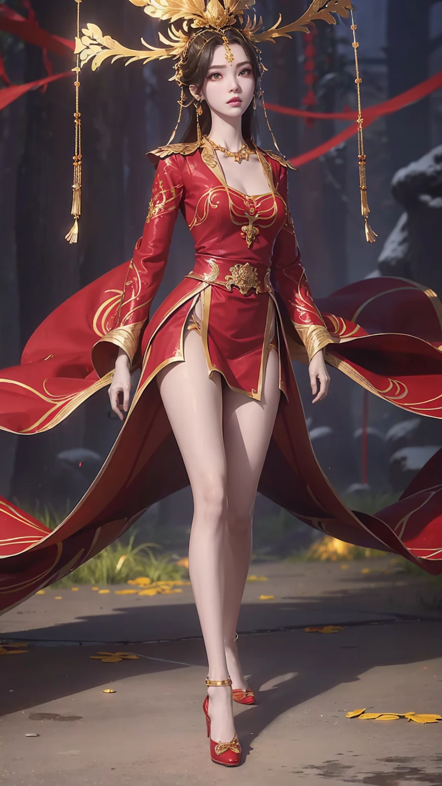 ((Biologically correct number of limbs))、(( Full body illustration from toes to face))、4K、masterpiece、((The eyes are delicately painted、Facial details、Focus on the face))、((Symmetrical, Balanced facial features))、Beautiful woman、Outstanding style、Beautiful clavicle、Beautiful legs、beautiful hands、slim body、(shirt、skirt、Red high heels)、look up、High Angle、Background is night city、((Walking posture))