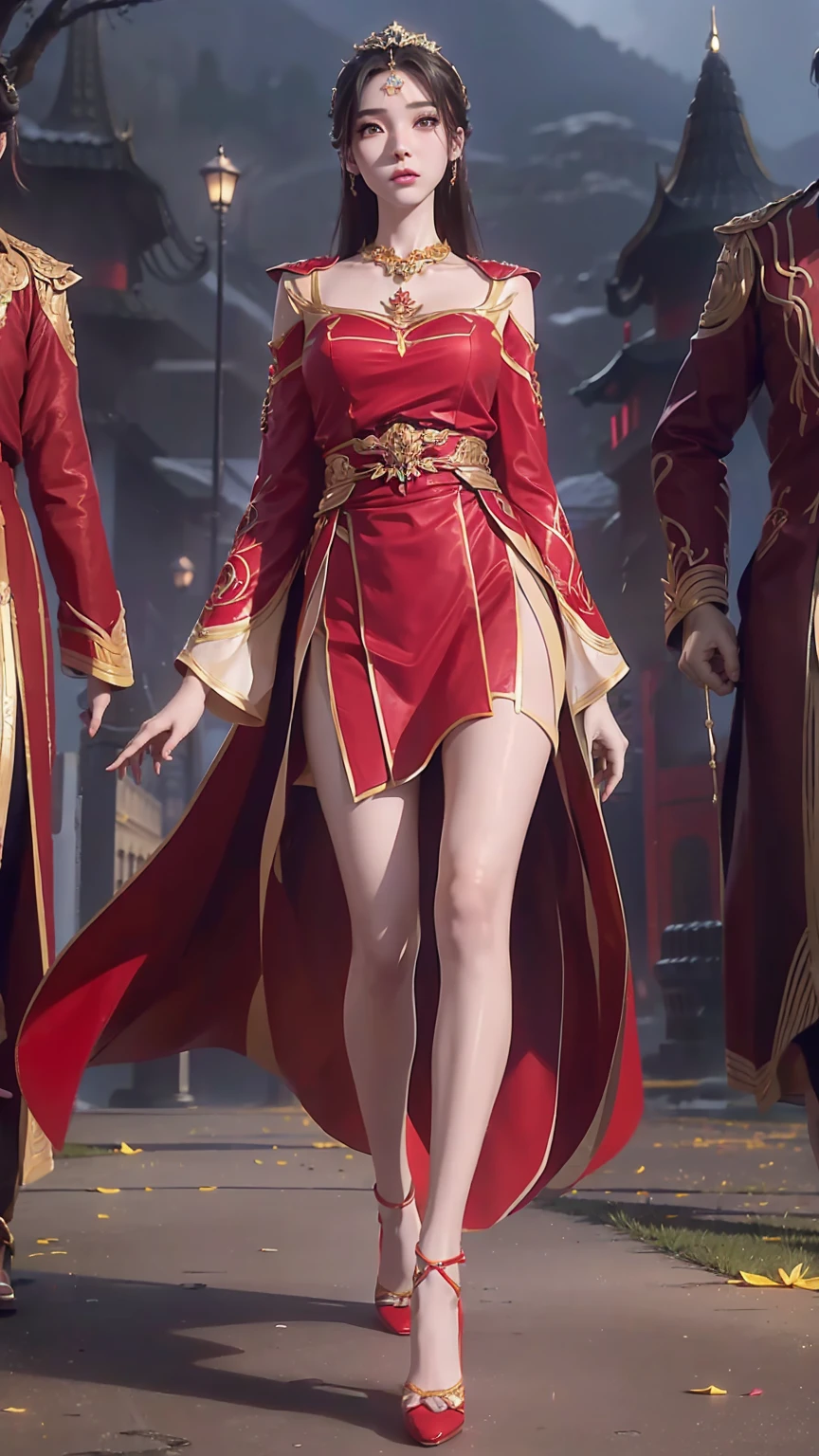 ((Biologically correct number of limbs))、(( Full body illustration from toes to face))、4K、masterpiece、((The eyes are delicately painted、Facial details、Focus on the face))、((Symmetrical, Balanced facial features))、Beautiful woman、Outstanding style、Beautiful clavicle、Beautiful legs、beautiful hands、slim body、(shirt、skirt、Red high heels)、look up、High Angle、Background is night city、((Walking posture))