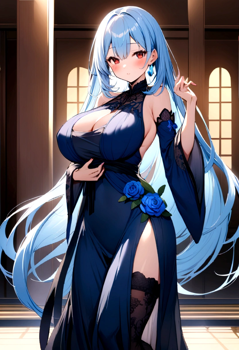 Light blue hair, very long hair, red eyes, big breasts, solo, blush, adult chiffon dress, blue floral pattern stockings, stripped sleeves, wide sleeves, standing pose