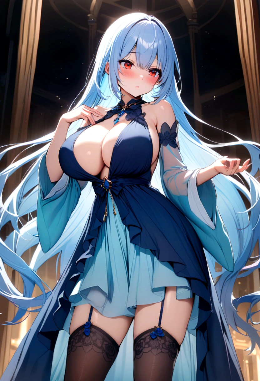 Light blue hair, very long hair, red eyes, , solo, blush, adult chiffon dress, blue floral pattern stockings, stripped sleeves, wide sleeves, standing pose