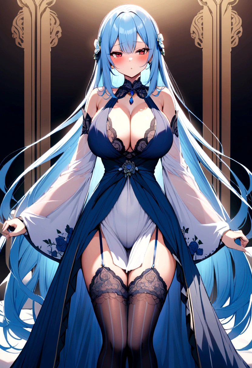 Light blue hair, very long hair, red eyes, big breasts, solo, blush, adult chiffon dress, blue floral pattern stockings, stripped sleeves, wide sleeves, standing pose