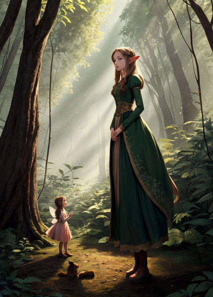 Illustration for a fairy tale about a girl, standing in the forest, who can talk to animals