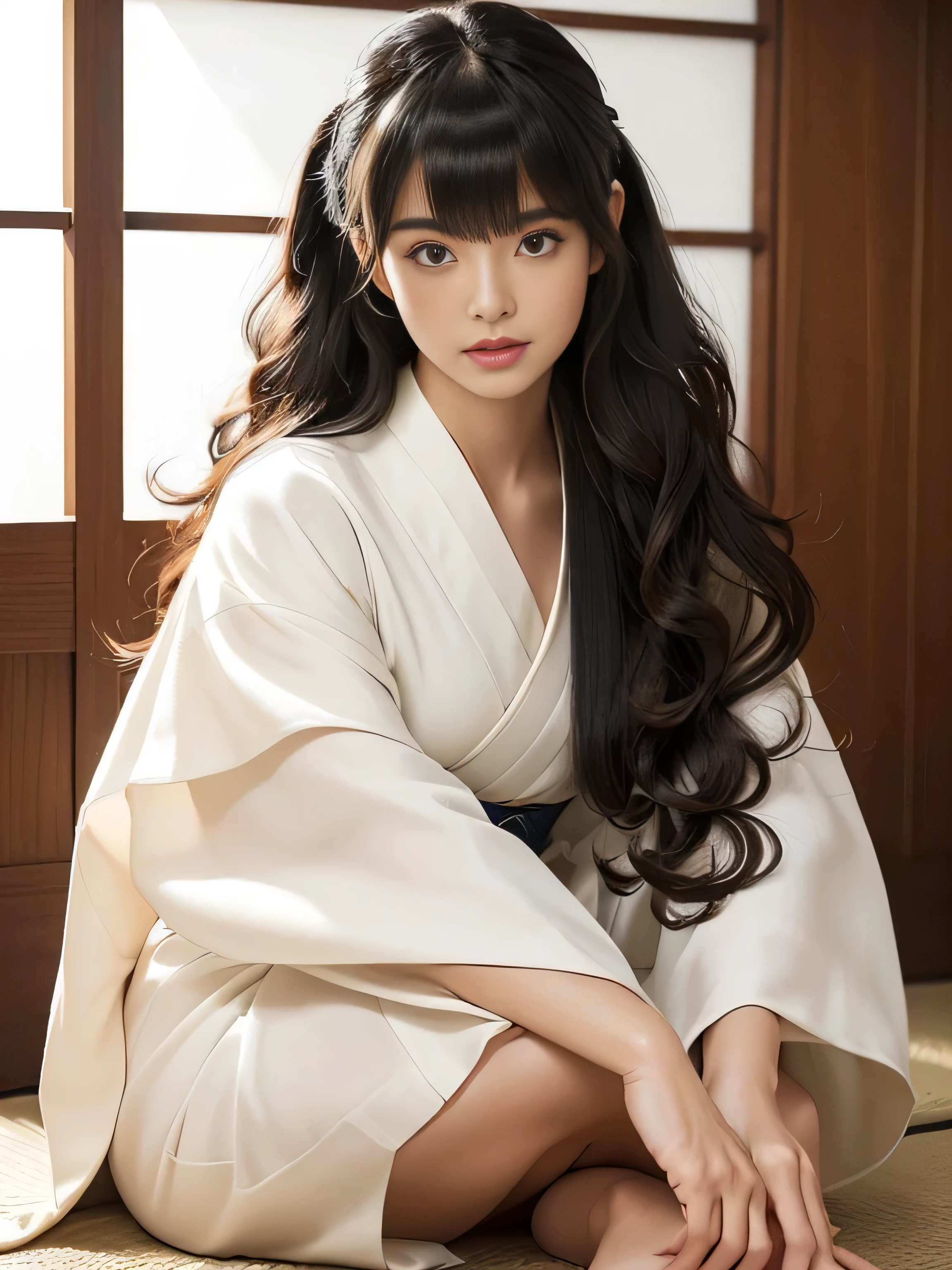 1woman ((Waist up shot)) ((She is wearing a black and white Japanese kimono.)) (She is in a Japanese-style room and does a random sitting sway back stance.:1.4) (She looks at the viewer with the best sexy expression:1.5) ((Highest quality)), ((masterpiece)), (family friendly), (Get used to it) ((Her hair is very straight!!!!!)) ((Her hair is very curly:1.4)) ((Her hairstyle is random)) (Her hair is pitch black!!!) ((Her bangs are neatly trimmed and straight down.:1.3)) (Very long hair Up to the ankle!!!!! Highest quality Attention to detail Very long hair Up to the ankle!!!!! Very long hair!!!!! It lasts forever!!!!! Flowing Hair Very shiny and thick hair Abnormally long hair!!!!! It lasts forever!!!!! Flowing Hair on both ends!!!!! Very long hair!!!!! Up to the ankle!!!!! Very long hair!!!!! Up to the ankle!!!!! Thick and shiny hair Very free hair Abnormally long hair!!!!! Beautiful silky hair Beautiful and shiny hair Beautiful and shiny hair Beautiful silky hair Very long hair Up to the ankle!!!!! Very long hair!!!!! Very long hair!!!!!) (Japanese Solo Photos'The most beautiful 24-year-old hair models:1.5) Perfect woman'face (She has a typical Japanese build and skin color..., Her skin is very high quality and ultra high definition.、very beautiful and glowing skin) (Her face is dignified and sexy)(She applied sexy makeup with the help of a professional makeup artist..... Lipstick is bright red The eyeliner is a beautiful black) (She has a typical Japanese build and skin color Her skin is very delicate and sensitive..、and、Such beautiful and radiant skin) ((Her face shape is thinner than average:1.4)) ((Her eyes are larger than average:1.4)) ((Her eyes are larger than average:1.4)) ((Rich 1.4)) (Extremely detailed 8K) (Ultra-fine skin texture 1.4) (current, Vibrant:1.4), Sharp focus:1.2、Beautiful woman:1.4 Dynamic Lighting (Genuine RAW photos taken by professional photographers) very beautiful and glowing skin) (Surreal photos by professional photographers :1.2) (Very long hair Up to the ankle!!!!! Highest quality Attention to detail Very long hair Up to the ankle!!!!! Very long hair!!!!! It lasts forever!!!!! Flowing Hair Very shiny and thick hair Abnormally long hair!!!!! It lasts forever!!!!! Flowing Hair on both ends!!!!! Very long hair!!!!! Up to the ankle!!!!! Very long hair!!!!! Up to the ankle!!!!! Thick and shiny hair Very free hair Abnormally long hair!!!!! Beautiful silky hair Beautiful and shiny hair Beautiful and shiny hair Beautiful silky hair Very long hair Up to the ankle!!!!! Very long hair!!!!! Very long hair!!!!!)