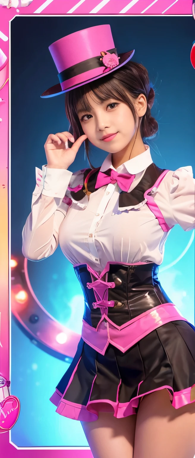 Tall cute idol magician girl、whole body、Good style、、、、、、、、、、Tanned thick legs、、Fluorescent pink steampunk magician uniform(Strawberry pattern)、Neat and clean idol face、Glowing、City of night