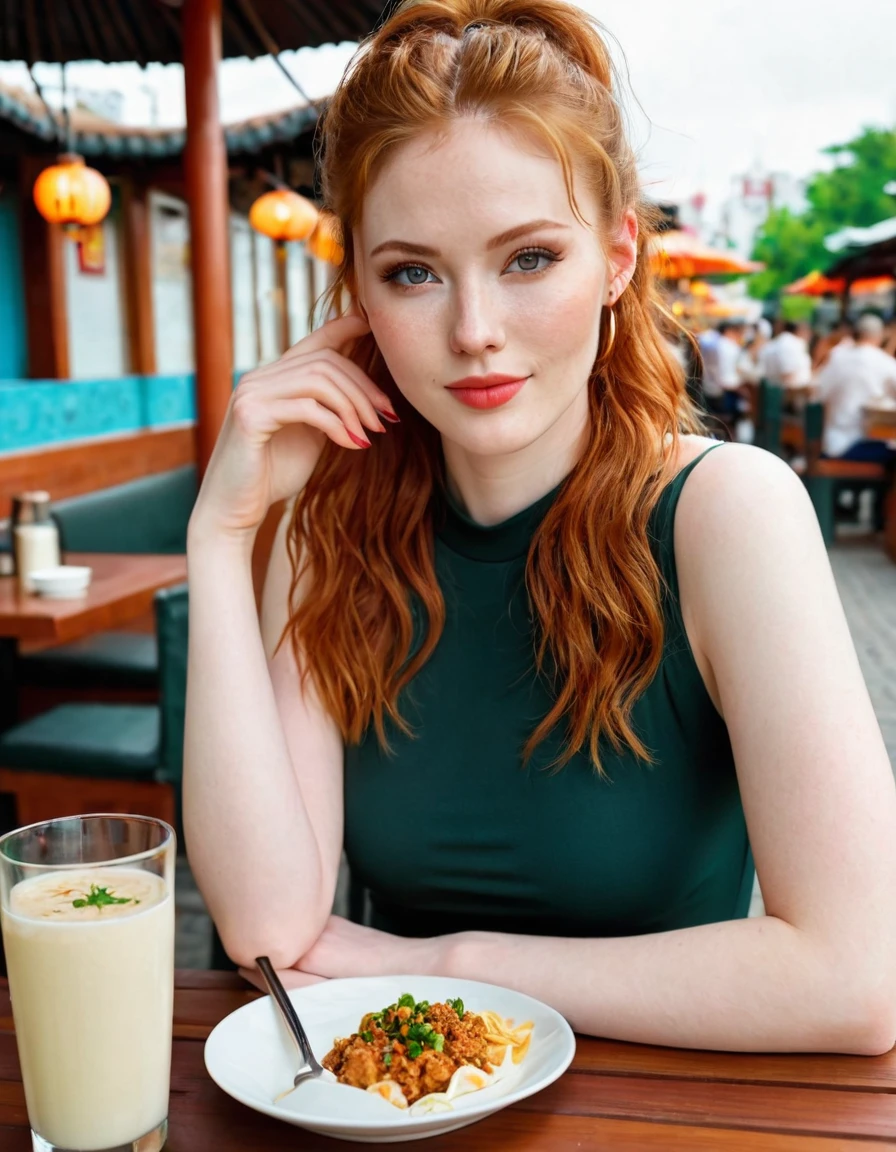 Photography full body portrait of a very beautiful realistic girl, sitting in the outdoor restaurant, eat chinese food, porcelain skin, very light skin, very pale skin, redhead, wavy, pony tail, Detail of skin structure, hazel eyes, Slit eyes, small-nose, small nostril, think of arched eyebrows, thick lower lip, seductive glance, happy face, unique face, Wear a casual dress, detailed photo, foto realista, Masterpiece Image, sharp image, clear daylight outside