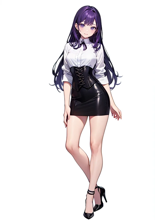 Purple Hair,Super long hair with volume,Adult female,(suit),White Y-shirt,((Rolling up his sleeves)),(corset),(Black skirt),(Slim silhouette skirt),(High heels),Heels are visible,((Simple white background)),smile,((whole body)),((full body)),Character Sheet,