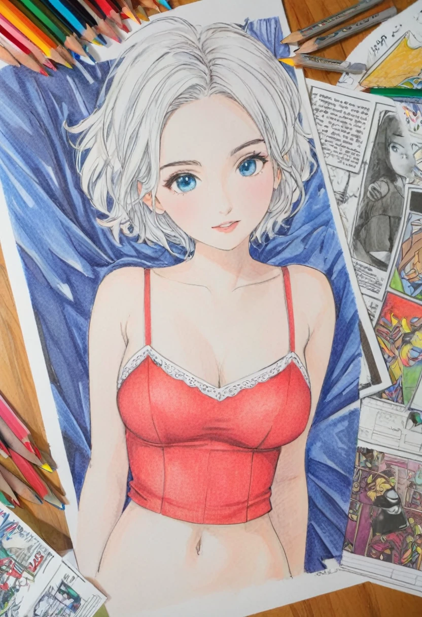 female,short camisole,white,Art,ad,colour pencil drawing,draft drawing ,comic collage