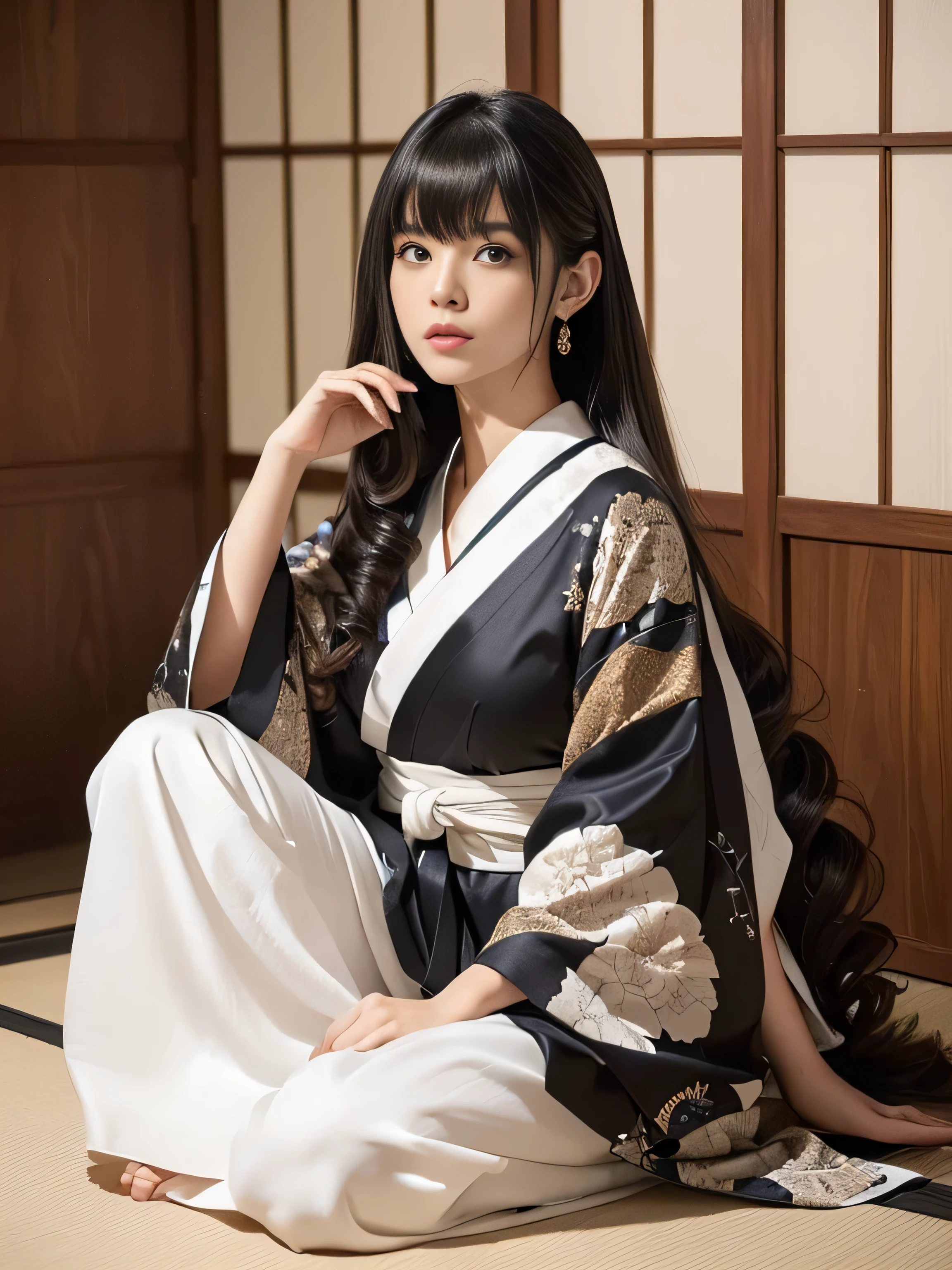 １woman　((Waist up shot))　((She is wearing a black and white Japanese kimono.))　(She is in a Japanese-style room and does a random sitting sway back stance.:1.4)　(She looks at the viewer with the best sexy expression:1.5)　　((Highest quality)), ((masterpiece)), (family friendly), (Get used to it)　((Her hair is very straight!!!!!))　((Her hair is very curly:1.4))　((Her hairstyle is random))　(Her hair is pitch black!!!)　((Her bangs are neatly trimmed and straight down.:1.3))　(Very long hair Up to the ankle!!!!!　Highest quality　Attention to detail　Very long hair Up to the ankle!!!!!　Very long hair!!!!! It lasts forever!!!!!　Flowing Hair　Very shiny and thick hair　Abnormally long hair!!!!! It lasts forever!!!!!　Flowing Hair on both ends!!!!!　Very long hair!!!!! Up to the ankle!!!!!　Very long hair!!!!! Up to the ankle!!!!!　　Thick and shiny hair　Very free hair　Abnormally long hair!!!!!　Beautiful silky hair　Beautiful and shiny hair　Beautiful and shiny hair　Beautiful silky hair　Very long hair Up to the ankle!!!!!　Very long hair!!!!!　Very long hair!!!!!)　(Japanese Solo Photos&#39;The most beautiful 24-year-old hair models:1.5)　Perfect woman&#39;face　(She has a typical Japanese build and skin color..., Her skin is very high quality and ultra high definition.、very beautiful and glowing skin)　(Her face is dignified and sexy)（She applied sexy makeup with the help of a professional makeup artist.....　Lipstick is bright red　The eyeliner is a beautiful black)　(She has a typical Japanese build and skin color　Her skin is very delicate and sensitive..、and、Such beautiful and radiant skin)　((Her face shape is thinner than average:1.4))　((Her eyes are larger than average:1.4))　((Her eyes are larger than average:1.4))　((Rich 1.4))　(Extremely detailed 8K)　(Ultra-fine skin texture 1.4)　(current, Vibrant:1.4), 　Sharp focus:1.2、Beautiful woman:1.4　Dynamic Lighting　(Genuine RAW photos taken by professional photographers)　very beautiful and glowing skin)　(Surreal photos by professional photographers :1.2)　(Very long hair Up to the ankle!!!!!　Highest quality　Attention to detail　Very long hair Up to the ankle!!!!!　Very long hair!!!!! It lasts forever!!!!!　Flowing Hair　Very shiny and thick hair　Abnormally long hair!!!!! It lasts forever!!!!!　Flowing Hair on both ends!!!!!　Very long hair!!!!! Up to the ankle!!!!!　Very long hair!!!!! Up to the ankle!!!!!　　Thick and shiny hair　Very free hair　Abnormally long hair!!!!!　Beautiful silky hair　Beautiful and shiny hair　Beautiful and shiny hair　Beautiful silky hair　Very long hair Up to the ankle!!!!!　Very long hair!!!!!　Very long hair!!!!!)　