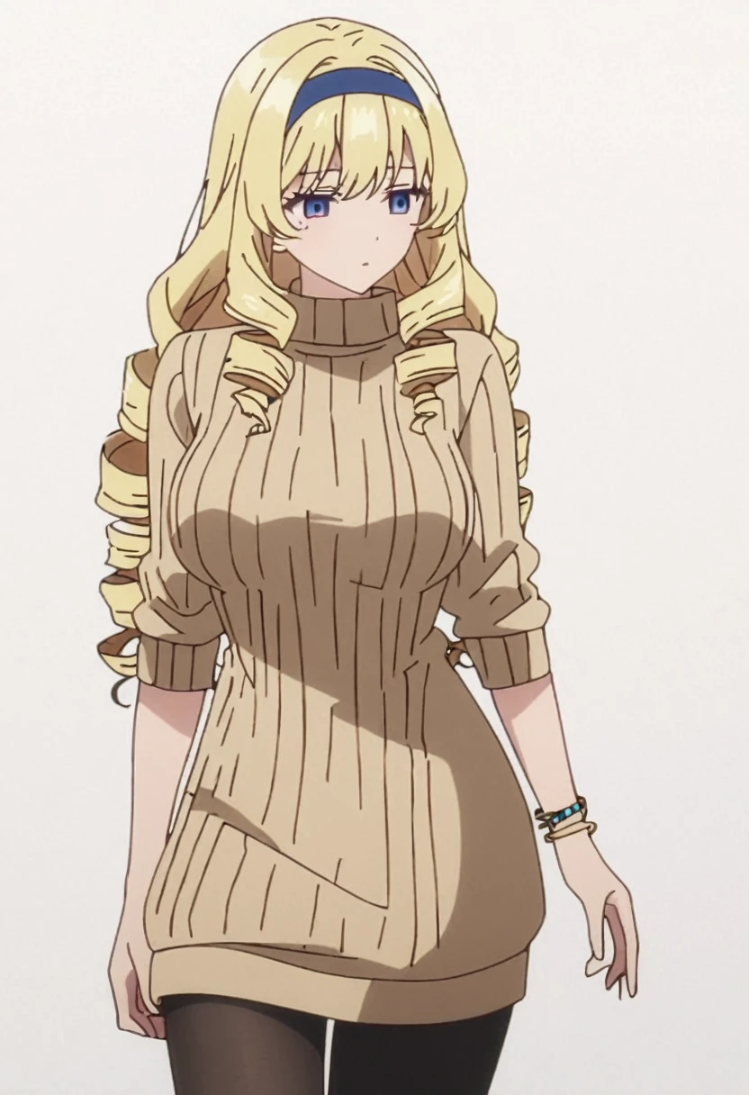 masterpiece, best quality, screencap, 1girl, solo, blonde hair, long hair, curly hair, drill hair, blue hairband, sweater dress, ribbed sweater, golden corners, bracelet, jewellery, black pantyhose, adult, large breasts, white background, empty look