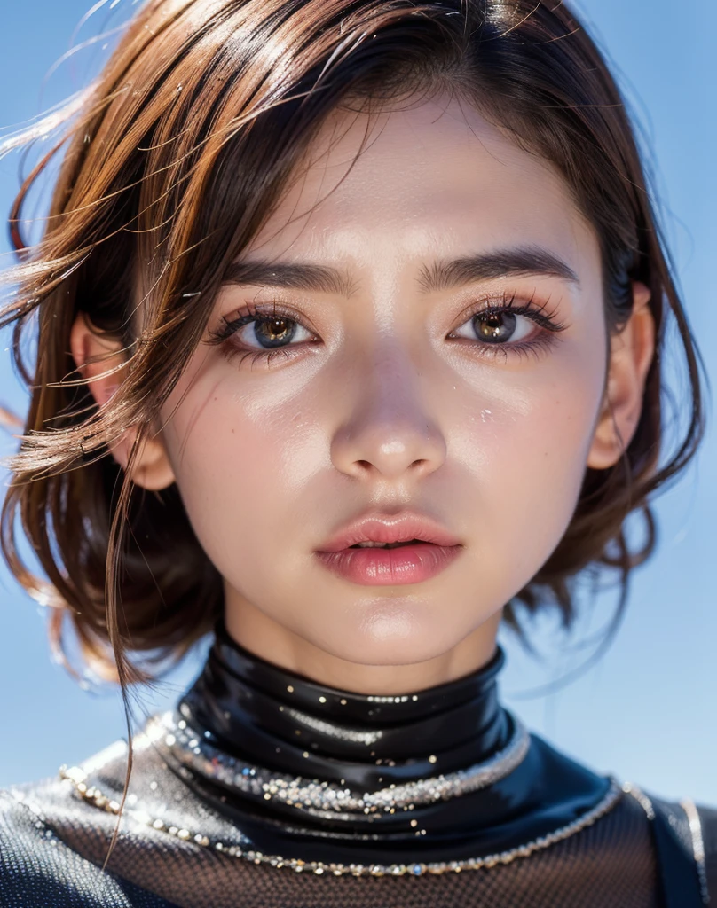 8K, RAW Photos, Realistic: 1.25), (Lip gloss, eyelash, Glossy face, Shiny skin, Highest quality, Ultra-high resolution, Depth of written boundary, chromatic aberration, Caustics, Moisturized lips, Super Trimmed Face, Sparkling, detailed eyes, Black Hair, semi-long, fashionable, Tight knit dress, thin