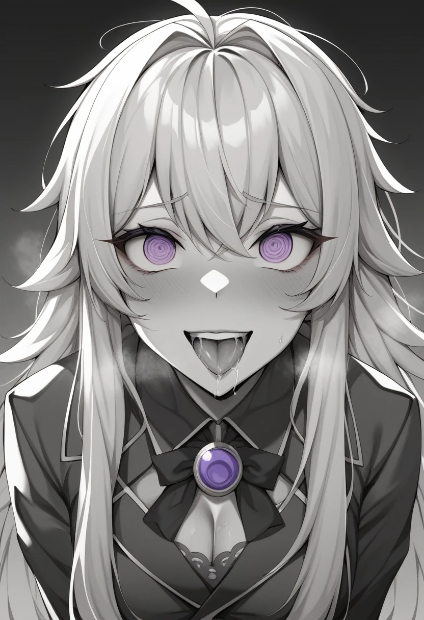 (masterpiece:1.2)、Highest quality、PIXIV、Rebellious girl、One girl、Open your mouth、鋭いteeth、teeth、Long Hair、Street background、Bright purple eyes、eyelash、Upper Body、Characters in clothes、smile、Focus on the viewer、Chest in the center、Black and white hair color,leaning forward,Night view,Black and white grey outfit,Overflowing drool、saliva、White Breath、Sigh、An excited look、Long, narrow eyes,fallatio