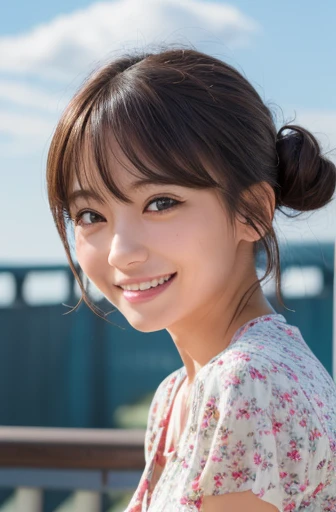 masterpiece:1.3), (8K, Realistic, RAW Photos, Best image quality: 1.4), Japanese schoolgirl、(Random Hairstyles:1.2)、Highly detailed face、Attention to detail、double eyelid、Chest to chest、Sharp focus:1.2、Beautiful woman:1.4、Light brown hair、Highest quality、masterpiece、Ultra-high resolution、(Realistic:1.4)、非常に詳細でプロフェッショナルに照らされたsmile、Loose、Summer clothes、thin、smile、Short-haired、Deadly position、Hair Bun、whole body