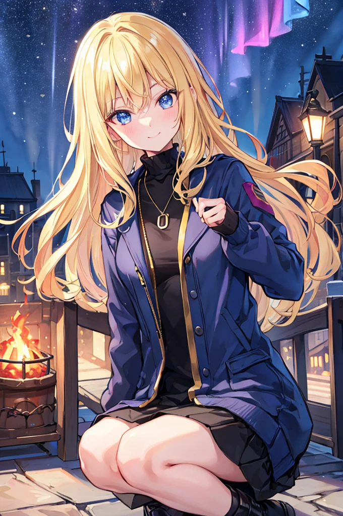 Absurd, Ultra-detailed,Bright colors,(In 8K:1.3),Masseter muscle area,Very beautifully detailed face and eyes, Age 25,(Smooth and straight blonde hair:1.3), (Shiny Hair:1.2), Delicate and beautiful face, blush、Deep blue eyes, A happy smile,Small Necklace,Aurora、Black-haired、camera、campfire、City lights, Food, Food down, jacket with Food, lamp post, Particles of light, Hair length, Long sleeve,, solo、squat、