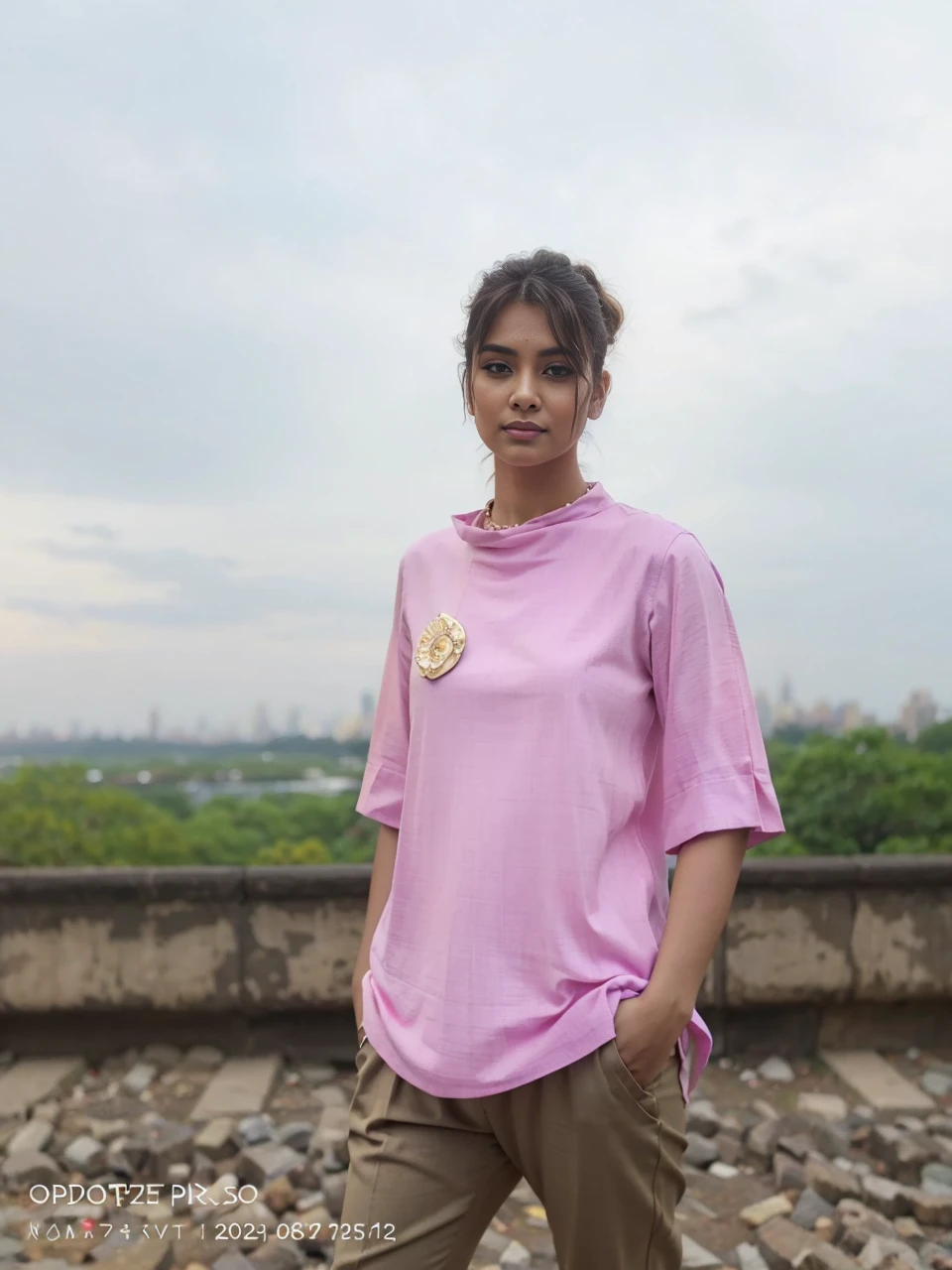 (masterpiece, best quality), beautiful Bangali woman, detailed sleeveless turtleneck top, pants, blonde woman, perfect body, necklace, wavy hair, perfect face, beautiful face, alluring, big gorgeous eyes, happy, (outdoor), city streets, new york, bright colors