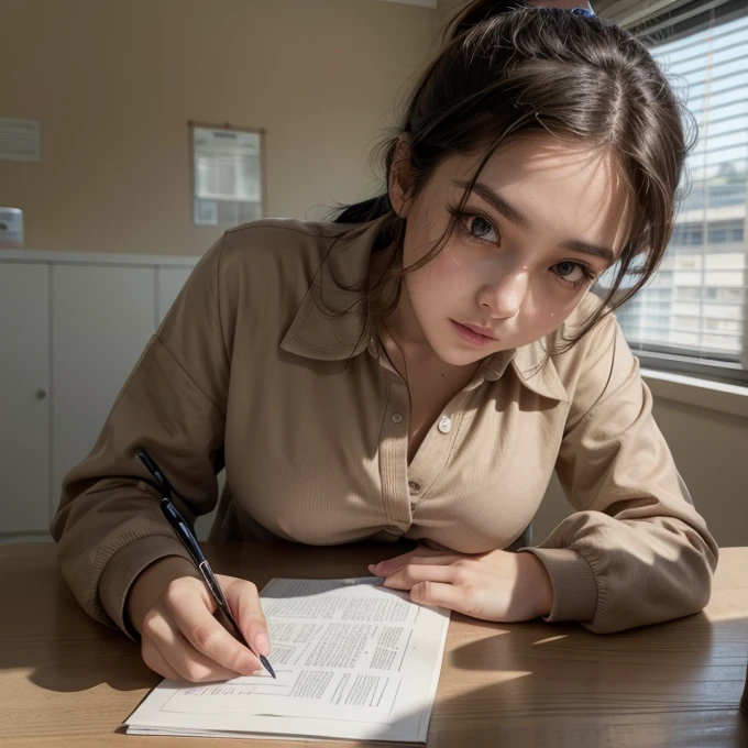 brown skin girl, brown hair tied in a ponytail and dark eyes, wearing a uniform while studying at school with some buttons on her shirt undone revealing her breasts