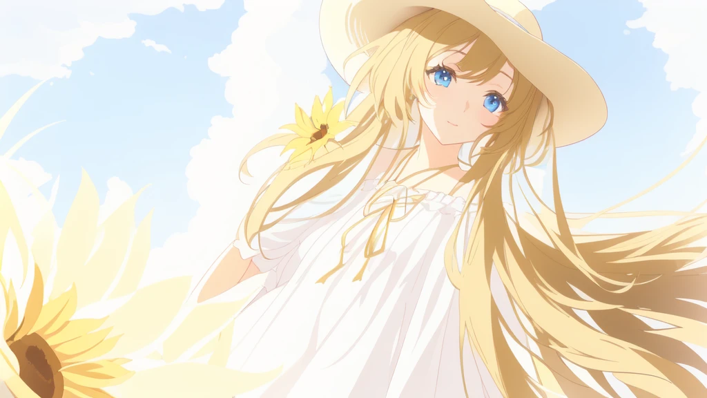 Anime girl with long golden ponytails and blue eyes, holding a straw hat in her hand and wearing a white off-shoulder dress, with a sunflower behind her, looking at the camera, Anime Goddess, In the anime painter studio, Soft anime illustration, Anime Shadows), Lolita in a skirt, Anime art style, Anime Shadows, Digital Animation Art!!, Produced in collaboration with Anime Painter Studio, pixiv style