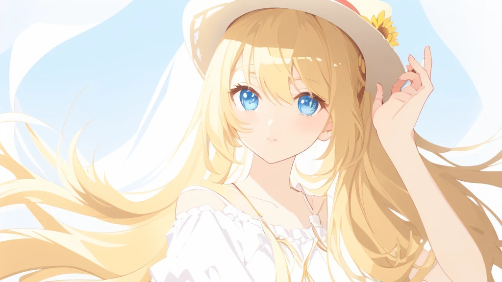 Anime girl with long golden ponytails and blue eyes, holding a straw hat in her hand and wearing a white off-shoulder dress, with a sunflower behind her, looking at the camera, Anime Goddess, In the anime painter studio, Soft anime illustration, Anime Shadows), ta in a skirt, Anime art style, Anime Shadows, Digital Animation Art!!, Produced in collaboration with Anime Painter Studio, pixiv style