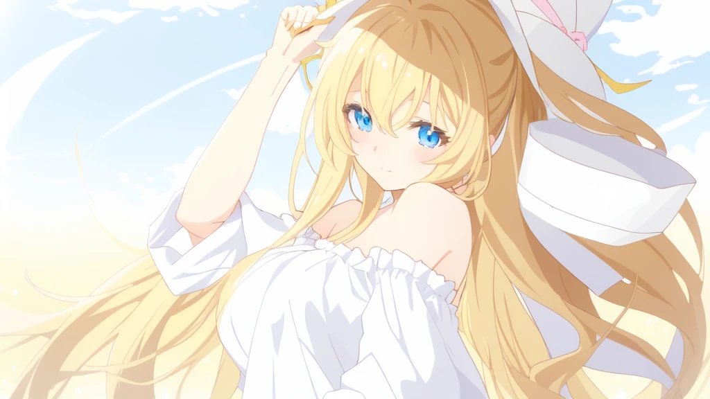 Anime girl with long golden ponytails and blue eyes, holding a straw hat in her hand and wearing a white off-shoulder dress, with a sunflower behind her, looking at the camera, Anime Goddess,  In the anime painter studio, Soft anime illustration, Anime Shadows), Lolita in a skirt, Anime art style, Anime Shadows, Digital Animation Art!!, Produced in collaboration with Anime Painter Studio, pixiv style