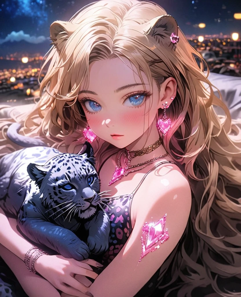 8K,gal,Beautiful and realistic skin,Shiny jewel-like earrings,pink glowing tattoo,Long colerful hair,blue eyes,Night view,Sparkling landscape,whole body,Leopard print clothes,Black lion sleeping