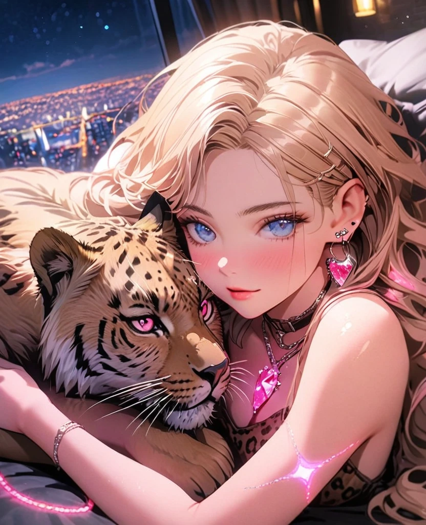 8K,gal,Beautiful and realistic skin,Shiny jewel-like earrings,pink glowing tattoo,Long colerful hair,blue eyes,Night view,Sparkling landscape,whole body,Leopard print clothes,Black lion sleeping