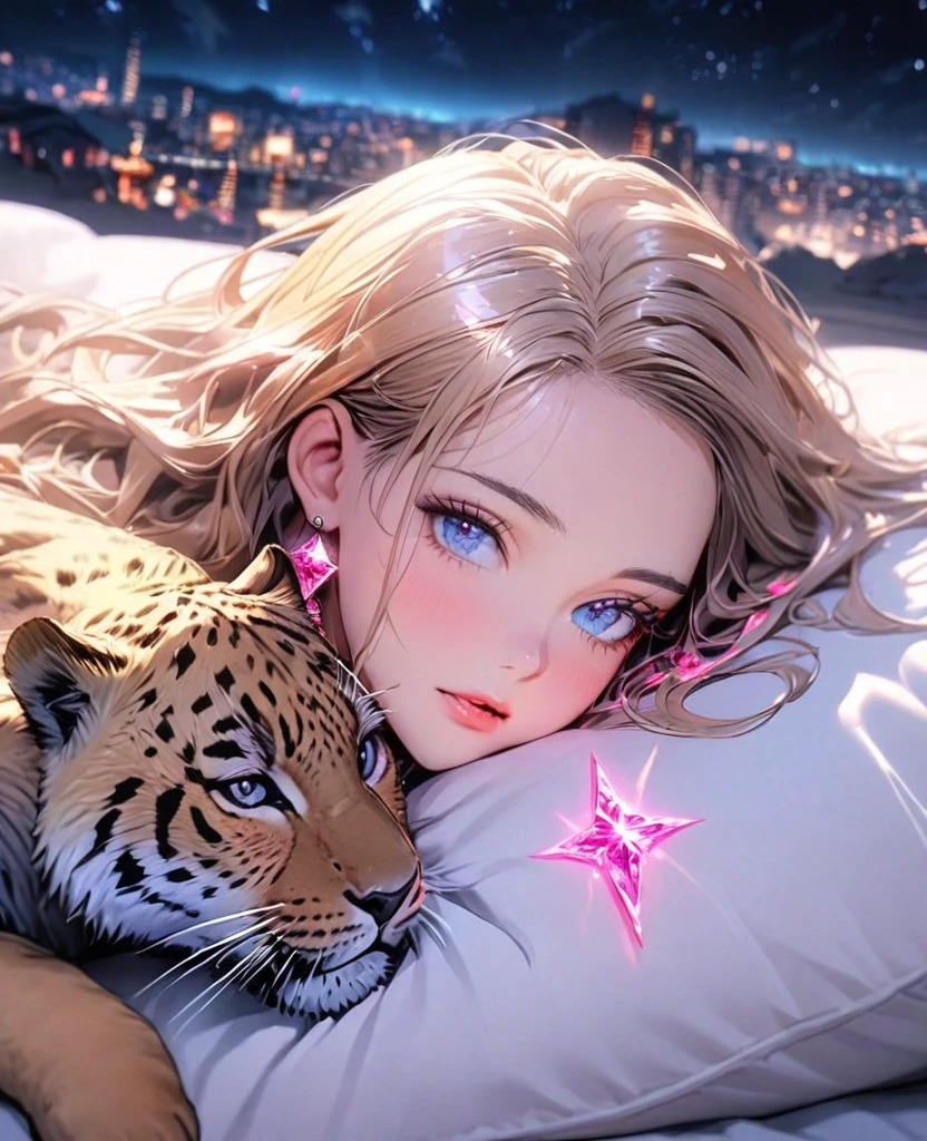 8K,gal，Beautiful and realistic skin,Shiny jewel-like earrings，pink glowing tattoo,Long colerful hair,blue eyes,Night view,Sparkling landscape,whole body,Leopard print clothes,Black lion sleeping
