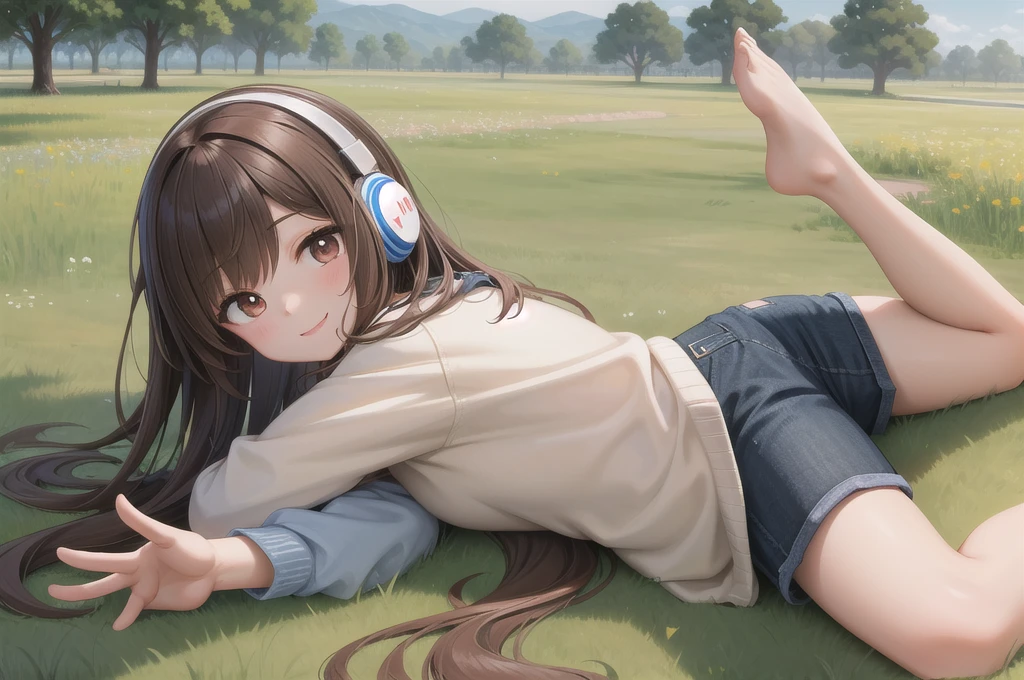 One girl, alone, 20-year-old, Brown eyes, Brown Hair, smile, Nice casual clothes, grassland, Lie on your back, headphone, masterpiece, Fine Fingers, 最high quality:1.4, high quality, detailed,