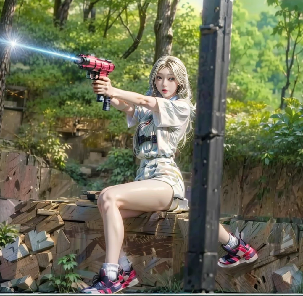 身穿短裤和运动鞋的金发女郎在树林里持枪shooting, anime shooting, MapleStory Gun Girl,动漫机枪shooting, shooting with a canon, Carrying a laser gun, Anime bullet visual effects, With a pistol, shooting姿势, extreme log shooting, She&#39;s ready for a fight., firing a gun, shooting, Swinging Fireball，Detailed facial depiction，Beautiful girl，Realistic style
