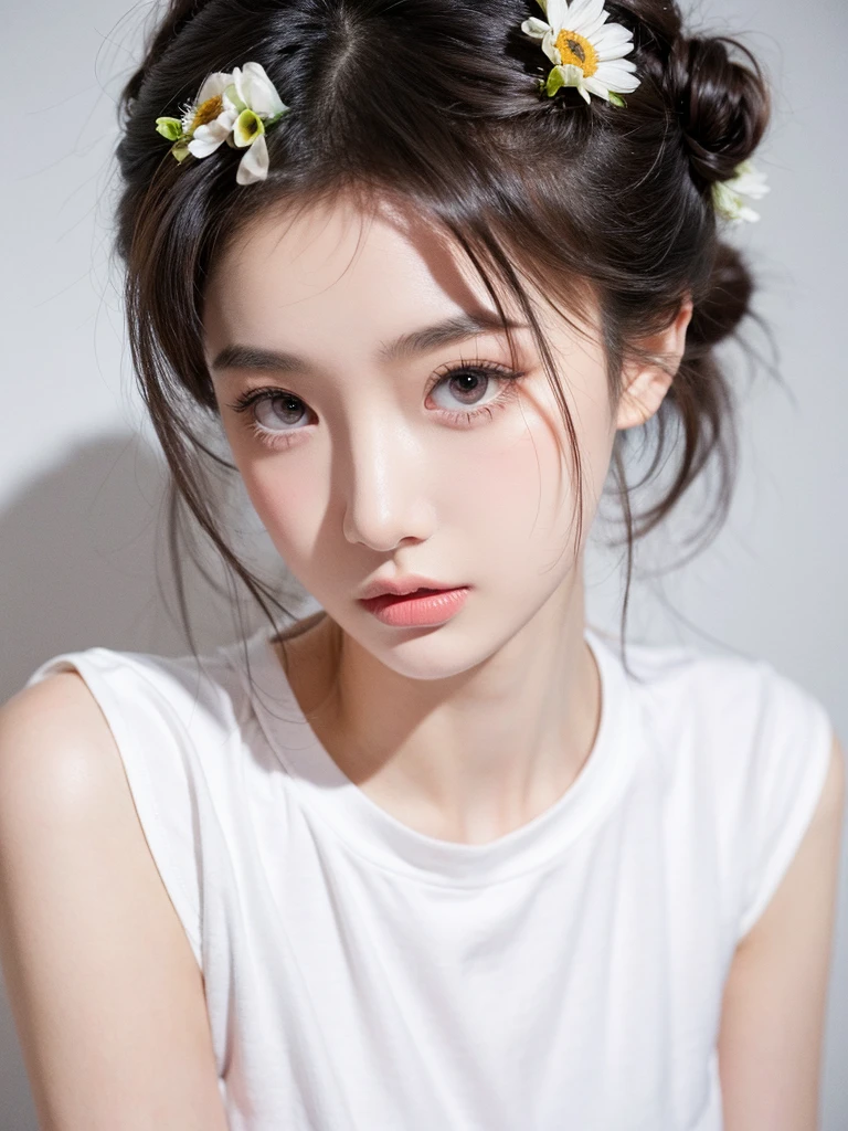 masterpiece,Best picture quality,Extreme details,Ultra-high resolution,Ultra-high definition,Beautiful young people,Glowing skin,thin,Black Hair,Half bun,1,big eyes,beautiful eyes,Lipstick,Exquisite facial features,Medium shot,Looking at the viewer, t-shirt,Single tone background,White background,Soft light,Wear flowers on your head