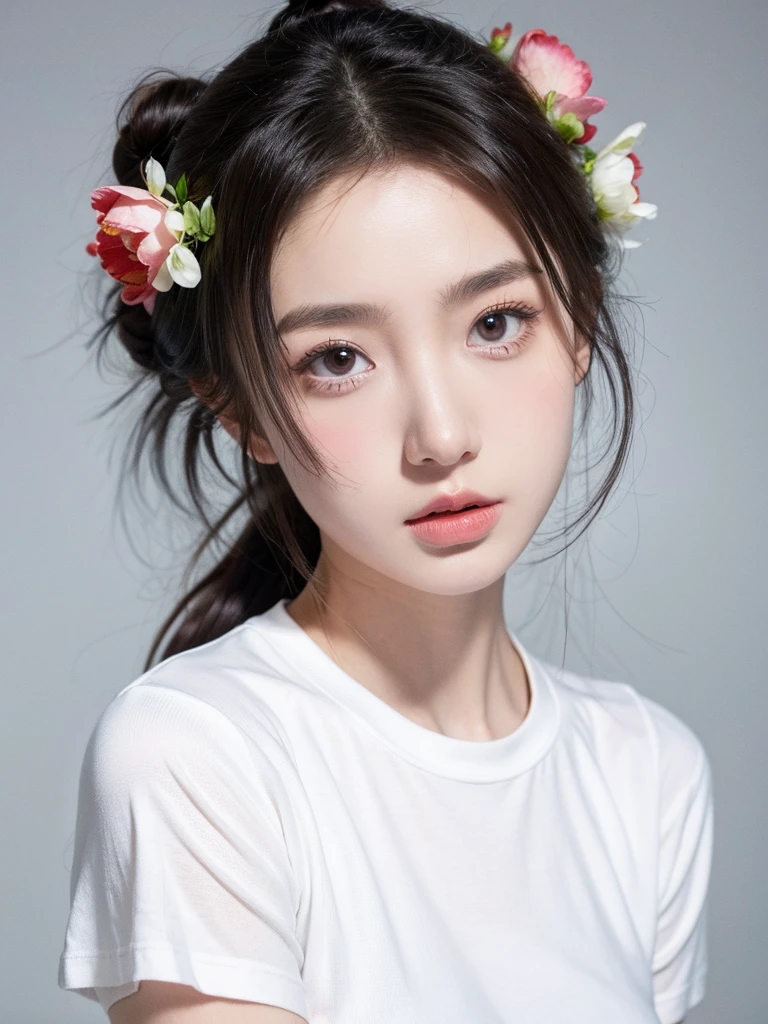 masterpiece,Best picture quality,Extreme details,Ultra-high resolution,Ultra-high definition,Beautiful young people,Glowing skin,thin,Black Hair,Half bun,1,big eyes,beautiful eyes,Lipstick,Exquisite facial features,Medium shot,Looking at the viewer, t-shirt,Single tone background,White background,Soft light，Wear flowers on your head