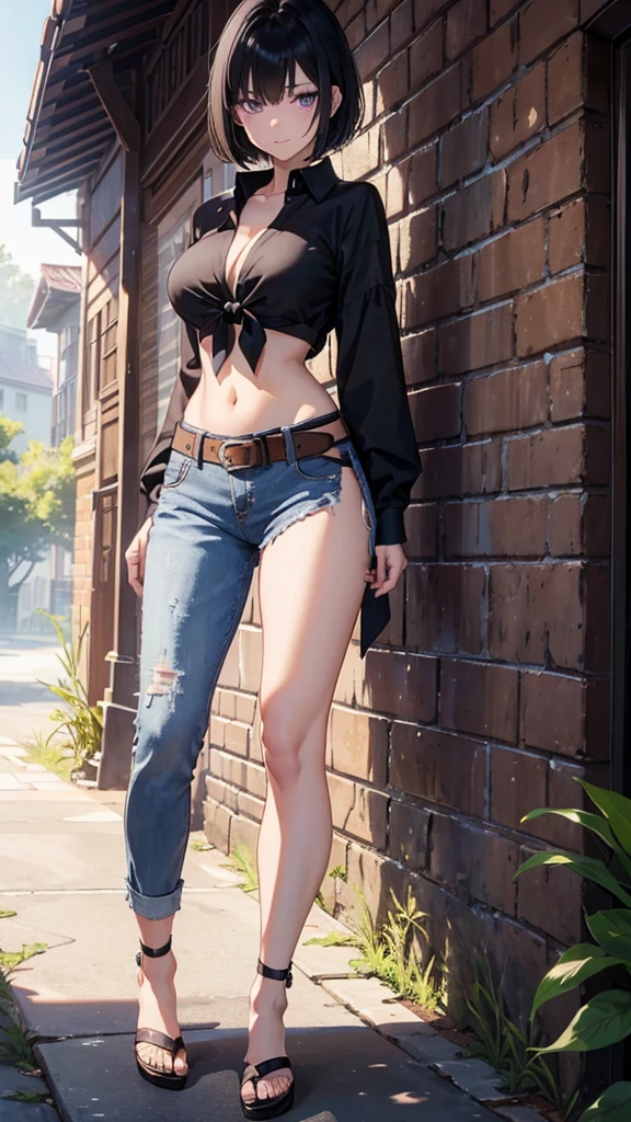 young girl, short black hair, violet eyes, smirk, full body, high quality, 4k, HD, Good detail, sheathed, asymmetrical clothes, navel, tied shirt, midriff, single pantsleg, white shirt, large breasts, jeans, brown belt, asymmetrical legwear, outdoors