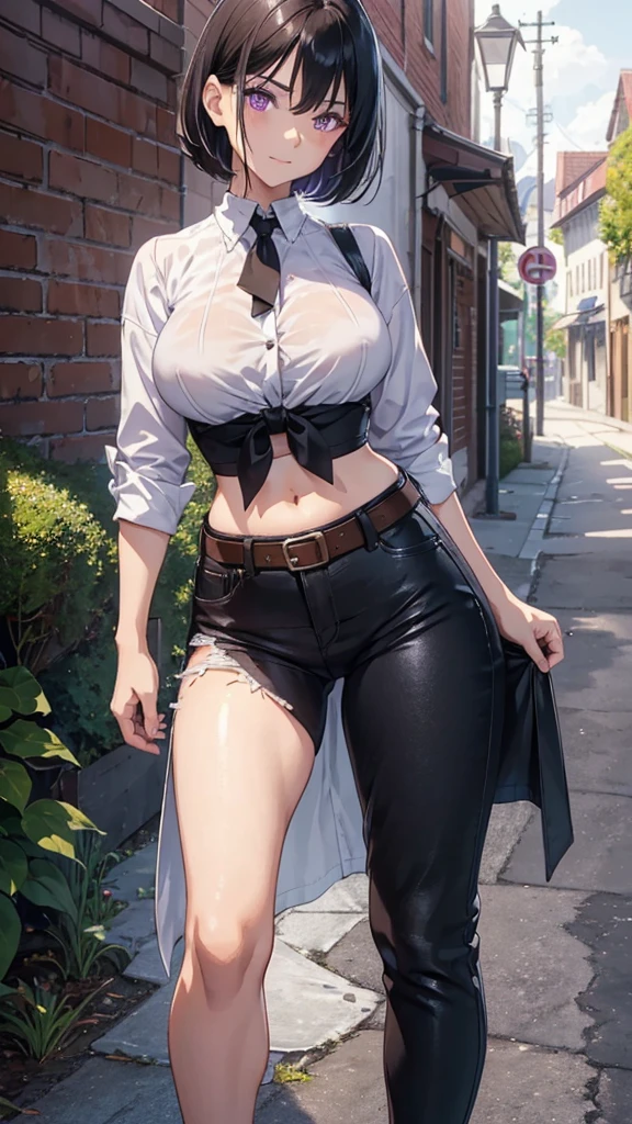 young girl, short black hair, violet eyes, smirk, full body, high quality, 4k, HD, Good detail, sheathed, asymmetrical clothes, navel, tied shirt, midriff, single pantsleg, white shirt, large breasts, jeans, brown belt, asymmetrical legwear, outdoors