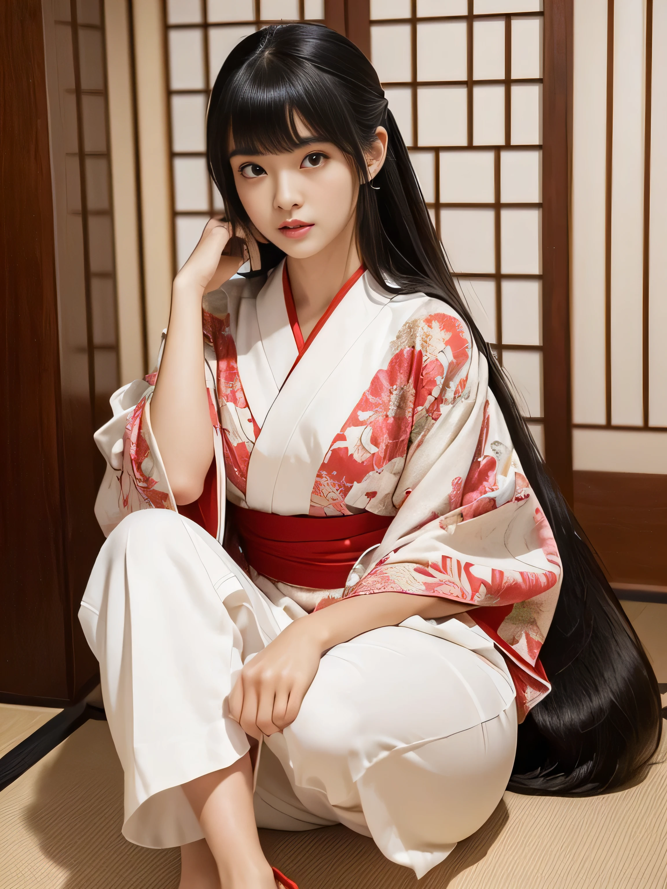 1woman ((Waist up shot)) ((She is wearing a Japanese kimono with a white and red color scheme.)) (She is in a Japanese-style room and does a random sitting sway back stance.:1.4) (She looks at the viewer with the best sexy expression:1.5) ((Highest quality)), ((masterpiece)), (family friendly), (Get used to it) ((Her hair is very straight!!!!!)) ((Her hair is very curly:1.4)) ((Her hairstyle is random)) (Her hair is pitch black!!!) ((Her bangs are neatly trimmed and straight down.:1.3)) (Very long hair Up to the ankle!!!!! Highest quality Attention to detail Very long hair Up to the ankle!!!!! Very long hair!!!!! It lasts forever!!!!! Flowing Hair Very shiny and thick hair Abnormally long hair!!!!! It lasts forever!!!!! Flowing Hair on both ends!!!!! Very long hair!!!!! Up to the ankle!!!!! Very long hair!!!!! Up to the ankle!!!!! Thick and shiny hair Very free hair Abnormally long hair!!!!! Beautiful silky hair Beautiful and shiny hair Beautiful and shiny hair Beautiful silky hair Very long hair Up to the ankle!!!!! Very long hair!!!!! Very long hair!!!!!) (Japanese Solo Photos'The most beautiful 24-year-old hair models:1.5) Perfect woman'face (She has a typical Japanese build and skin color..., Her skin is very high quality and ultra high definition.、very beautiful and glowing skin) (Her face is dignified and sexy)(She applied sexy makeup with the help of a professional makeup artist..... Lipstick is bright red The eyeliner is a beautiful black) (She has a typical Japanese build and skin color Her skin is very delicate and sensitive..、and、Such beautiful and radiant skin) ((Her face shape is thinner than average:1.4)) ((Her eyes are larger than average:1.4)) ((Her eyes are larger than average:1.4)) ((Rich 1.4)) (Extremely detailed 8K) (Ultra-fine skin texture 1.4) (current, Vibrant:1.4), Sharp focus:1.2、Beautiful woman:1.4 Dynamic Lighting (Genuine RAW photos taken by professional photographers) very beautiful and glowing skin) (Surreal photos by professional photographers :1.2) (Very long hair Up to the ankle!!!!! Highest quality Attention to detail Very long hair Up to the ankle!!!!! Very long hair!!!!! It lasts forever!!!!! Flowing Hair Very shiny and thick hair Abnormally long hair!!!!! It lasts forever!!!!! Flowing Hair on both ends!!!!! Very long hair!!!!! Up to the ankle!!!!! Very long hair!!!!! Up to the ankle!!!!! Thick and shiny hair Very free hair Abnormally long hair!!!!! Beautiful silky hair Beautiful and shiny hair Beautiful and shiny hair Beautiful silky hair Very long hair Up to the ankle!!!!! Very long hair!!!!! Very long hair!!!!!)