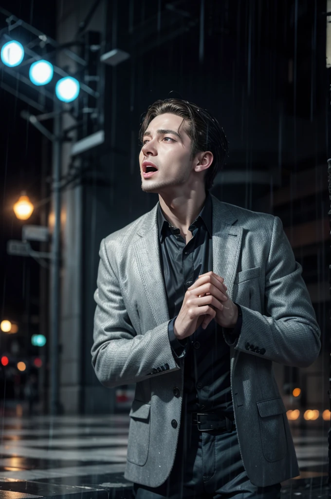 Take a photo of a man singing in the rain.