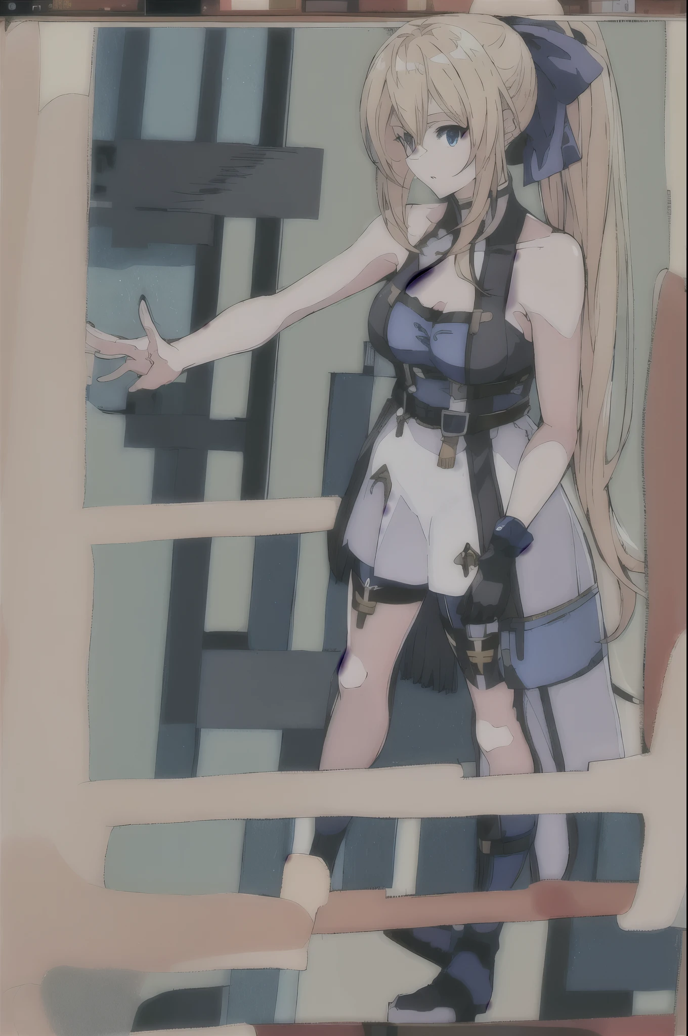 (Transparent Background,Character portrait,masterpiece, best quality, high resolution,look), Anime Screenshots, 1 Girl, Solitary, whole body, Chara_look, Blonde_hair, long hair, Ponytail, hair ribbon,Two-handed gloves,Human body structure