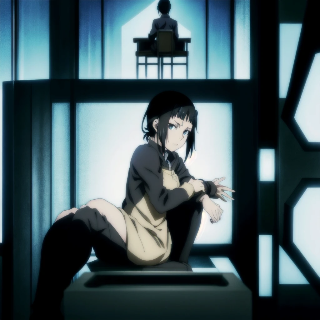 masterpiece, anime girl sitting in a chair with her hand on her chin, in the anime series ergo proxy, in the anime film ergo proxy, in the anime film, still from tv anime, screenshot from a 2012s anime, screenshot from the anime film, still from anime, anime visual of a young woman, female anime character, today's featured anime still