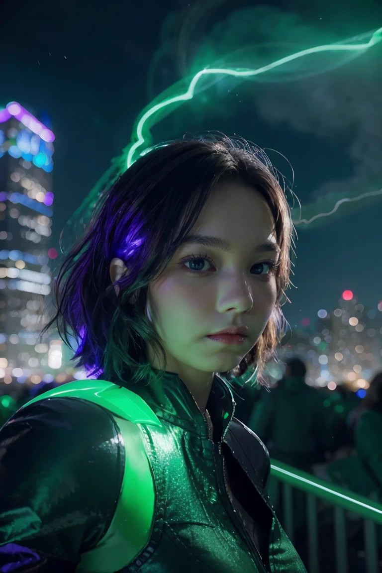 Scene from the movie, Woman dressed as Green Lantern from DC, extremely detailed, futuristic cityscape, nighttime, glowing neon lights, smoke, sparks, metal shavings, flying debris, blue energy effects, volumetric light